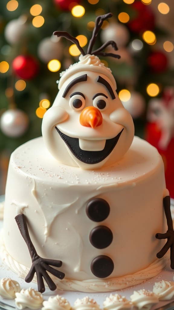 A festive Olaf Christmas cake with fondant decorations, chocolate arms, and edible glitter, perfect for holiday celebrations.